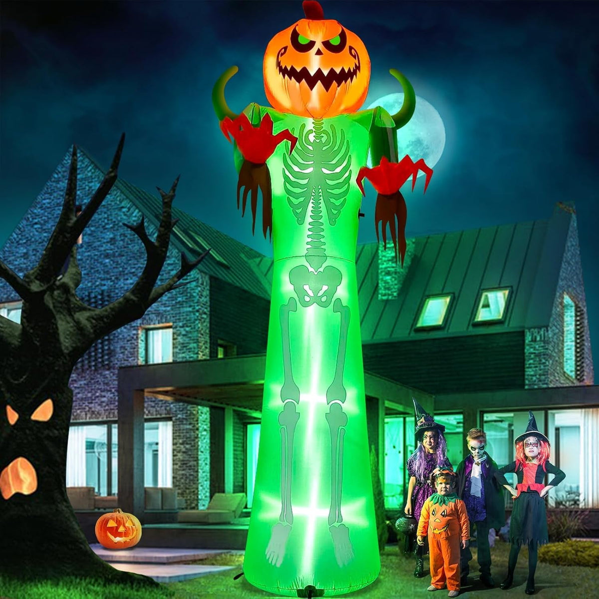 Haunt & Co 12FT Halloween Inflatable with LED Lights - Giant Pumpkin & Skeleton Outdoor Decoration