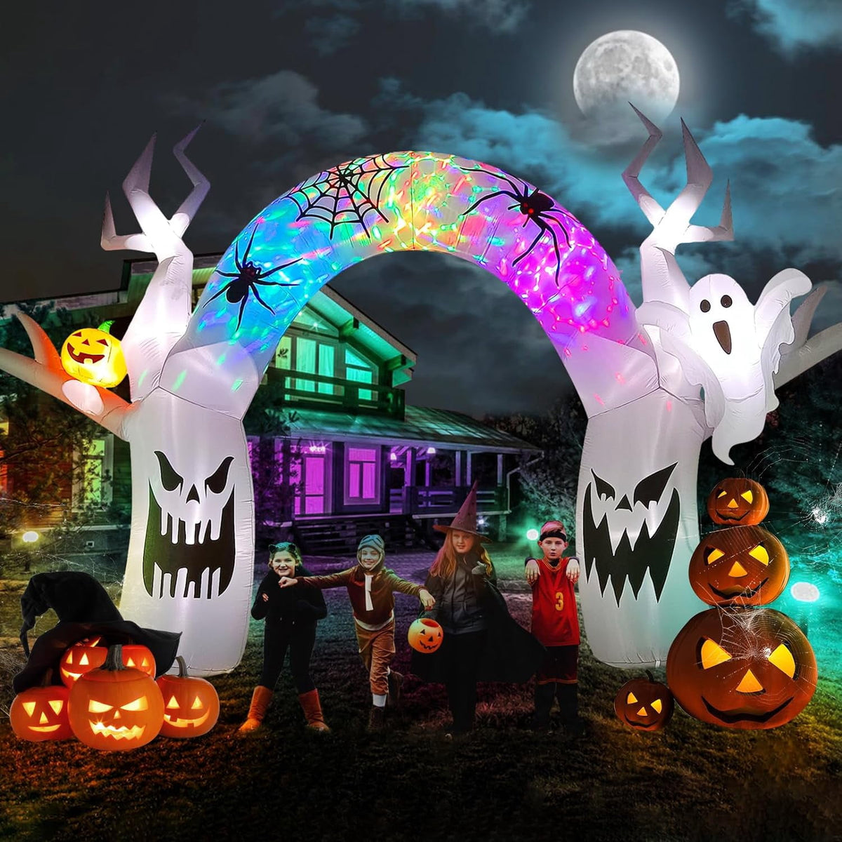 Haunt & Co 17FT Halloween Inflatable with Colorful Pumpkin & Ghost - Built-in LED Lights
