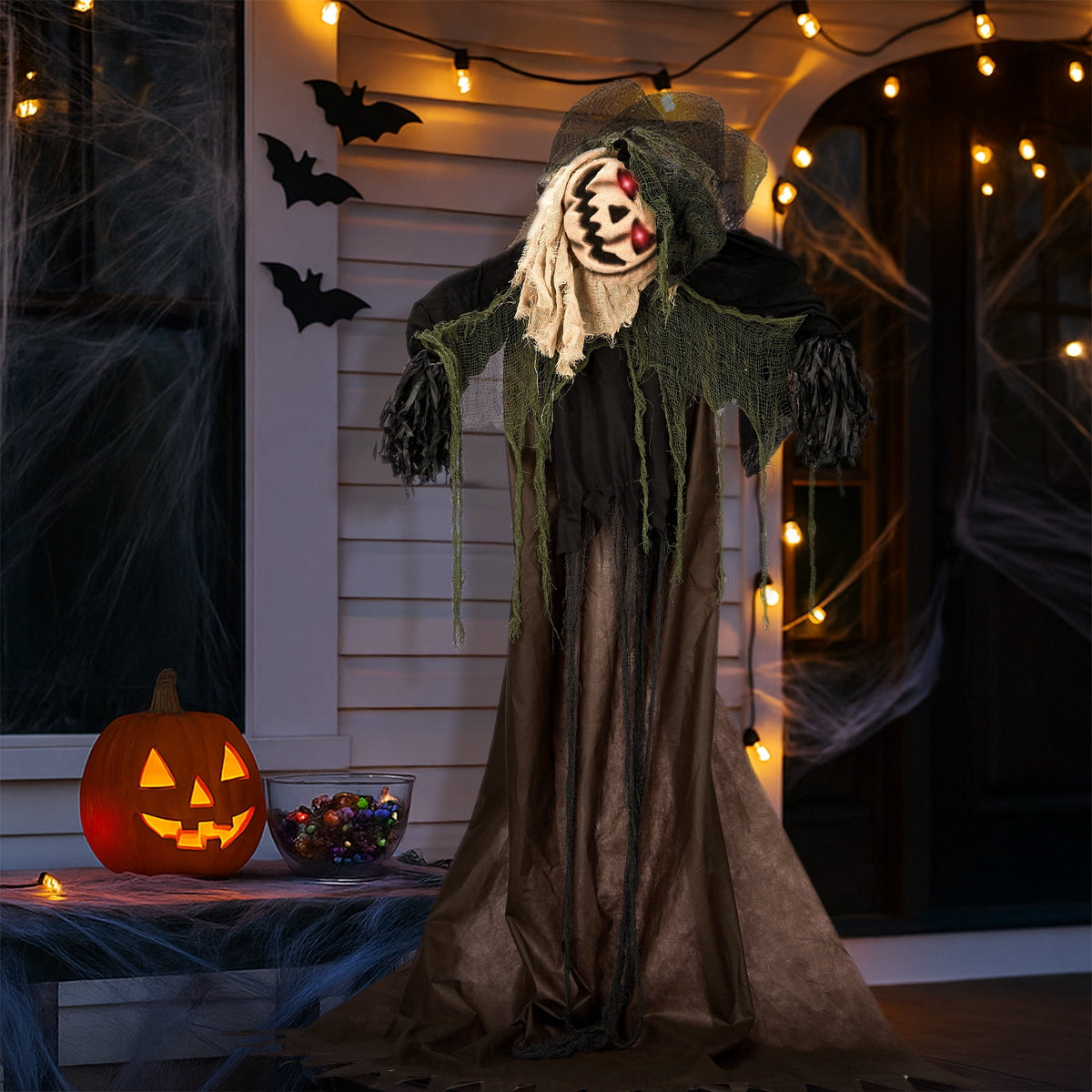 Haunt & Co 6ft Pumpkin Man Animated Animatronic Decoration Creepy Halloween w/ Classic Cape Creepy Cloaked Jack-o'-Lantern