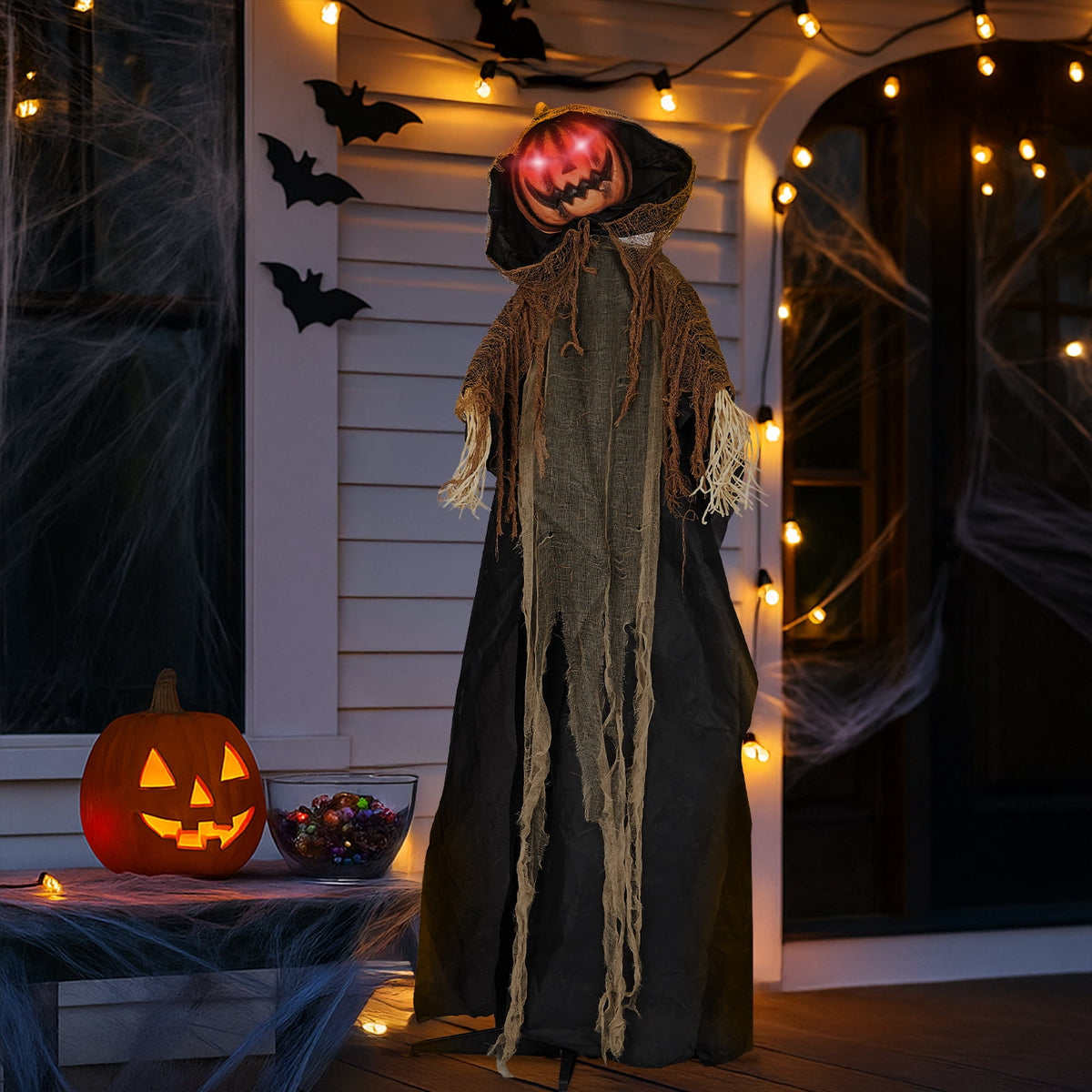 Haunt & Co 6ft Pumpkin Man Animated Animatronic Decoration Creepy Halloween w/ Classic Cape Creepy Cloaked Jack-o'-Lantern