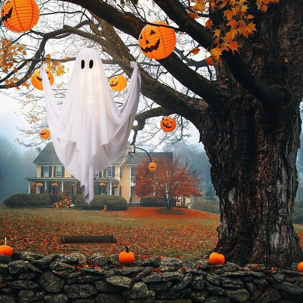Haunt & Co LED Light Up White Cloth Ghost Swing Tree Hanging Decor, Spooky Flying Ghost On Wooden Swing Outdoor Yard Porch Ornament, Halloween Haunted House Party Tree Hanging Seasonal Atmosphere Decor Gift
