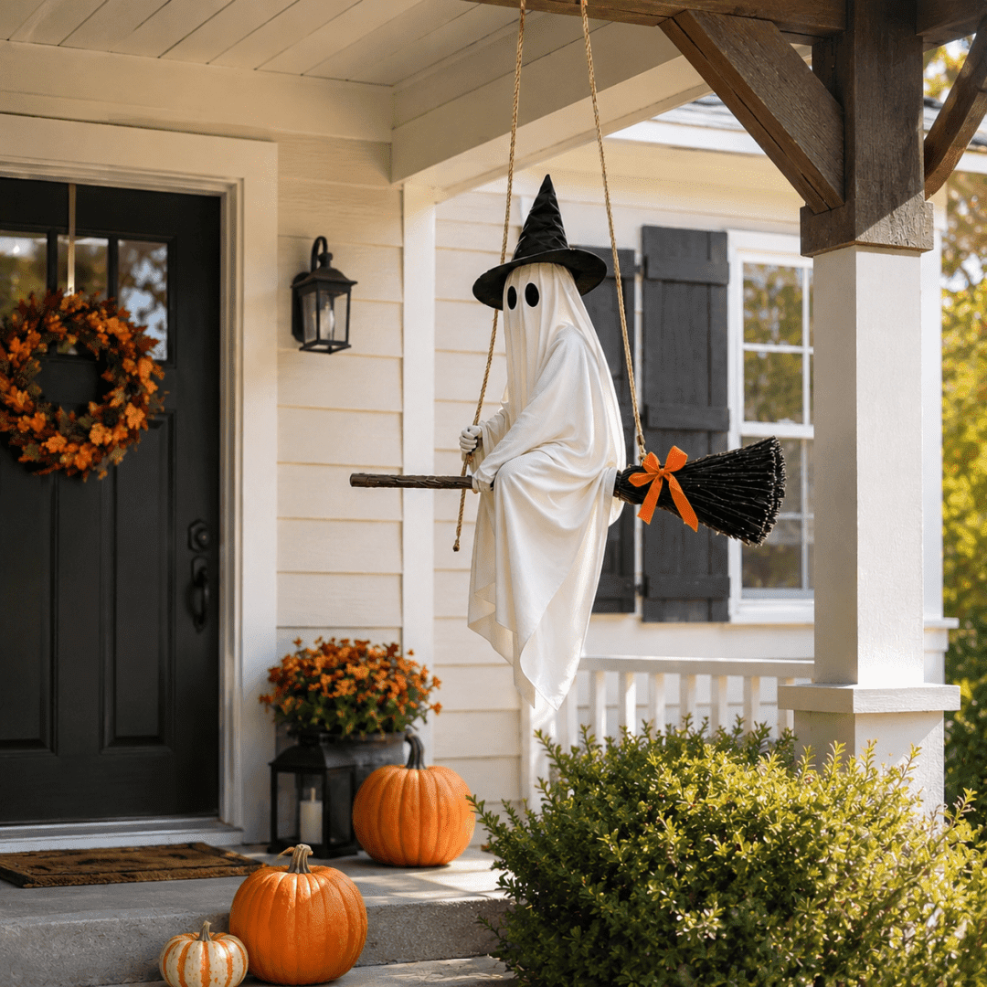 Haunt & Co LIGHTED HANGING GHOST WITCH Floating White Ghost With Black Witch Hat Rustic Broom And Orange Bow Warm Glow