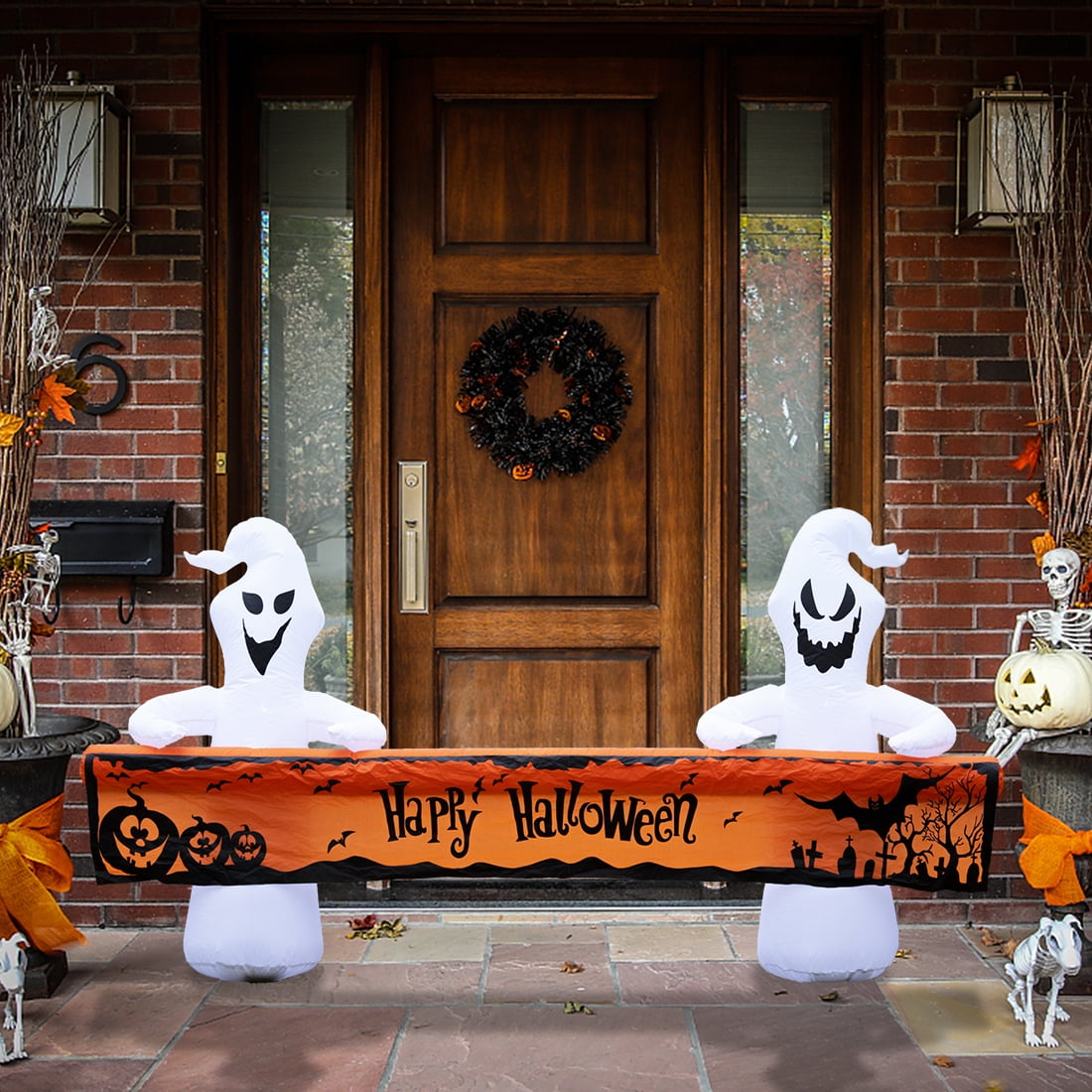 Haunt & Co Large Hallowee Inflatable-8FT White Ghosts with Orange Banner Print - Happy Halloween - LED Lights Outdoor Blow Up Decoration
