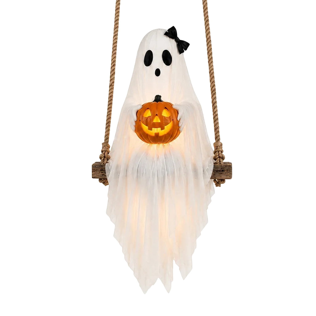 Haunt & Co Halloween Festival Ornament, Hanging Swing Ghost with LED Lights, 3.6FT Spooky Cute Ghost for Outdoor Lawn and Porch