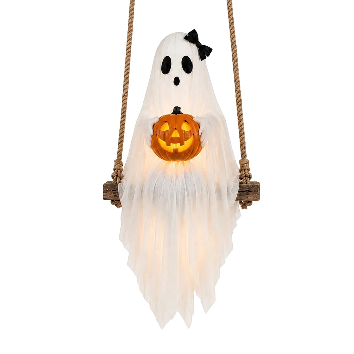 Haunt & Co Halloween Festival Ornament, Hanging Swing Ghost with LED Lights, 3.6FT Spooky Cute Ghost for Outdoor Lawn and Porch