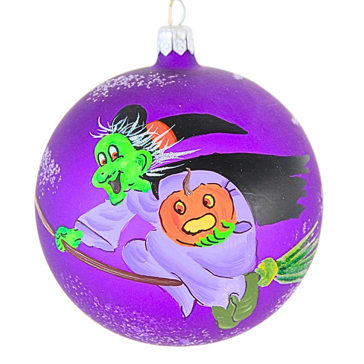 Haunt & Co Laved Italian Ornaments FLYING GREEN WITCH BALL Halloween Pumpkin Broom 936326