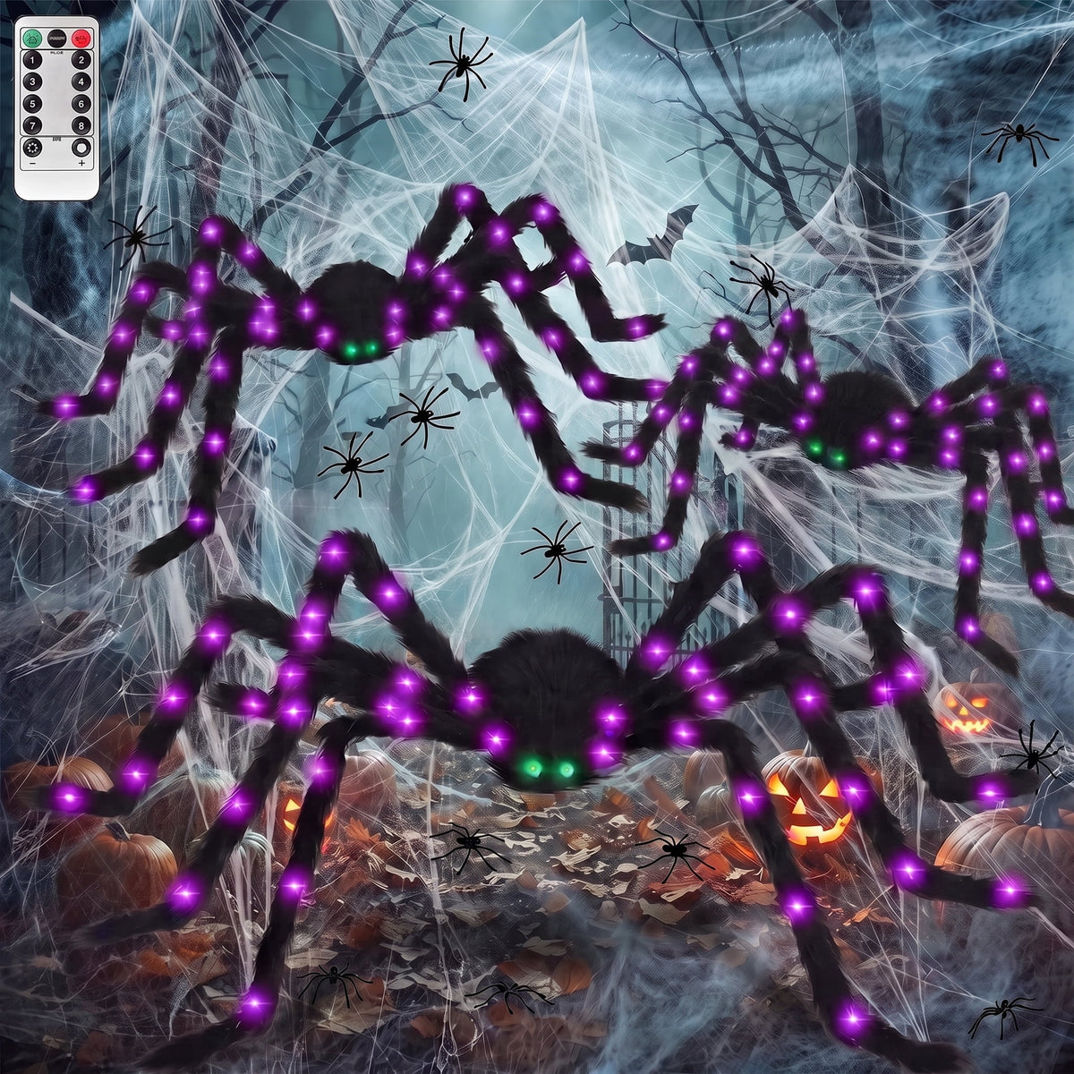 Haunt & Co Halloween Spider Decorations Set, 5FT and 2 Pack 4FT Lighted Giant Spider Decorations