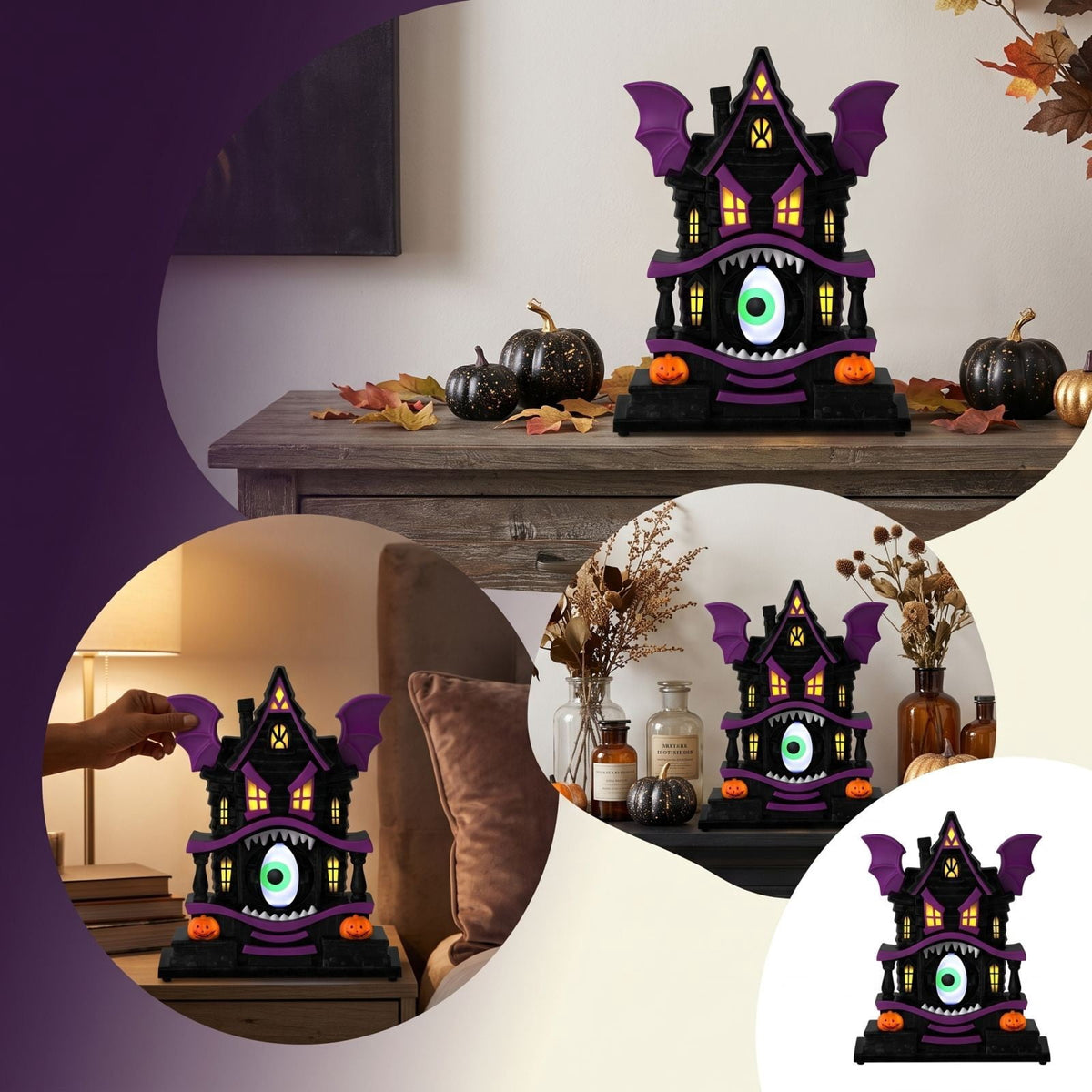 Haunt & Co Light Up Gothic Monster House Figurine, Built In Warm Internal Illumination Castle Decor, Anti Toppling Detailed Sculpted Desktop Ornament for Household Indoor Halloween Party Display