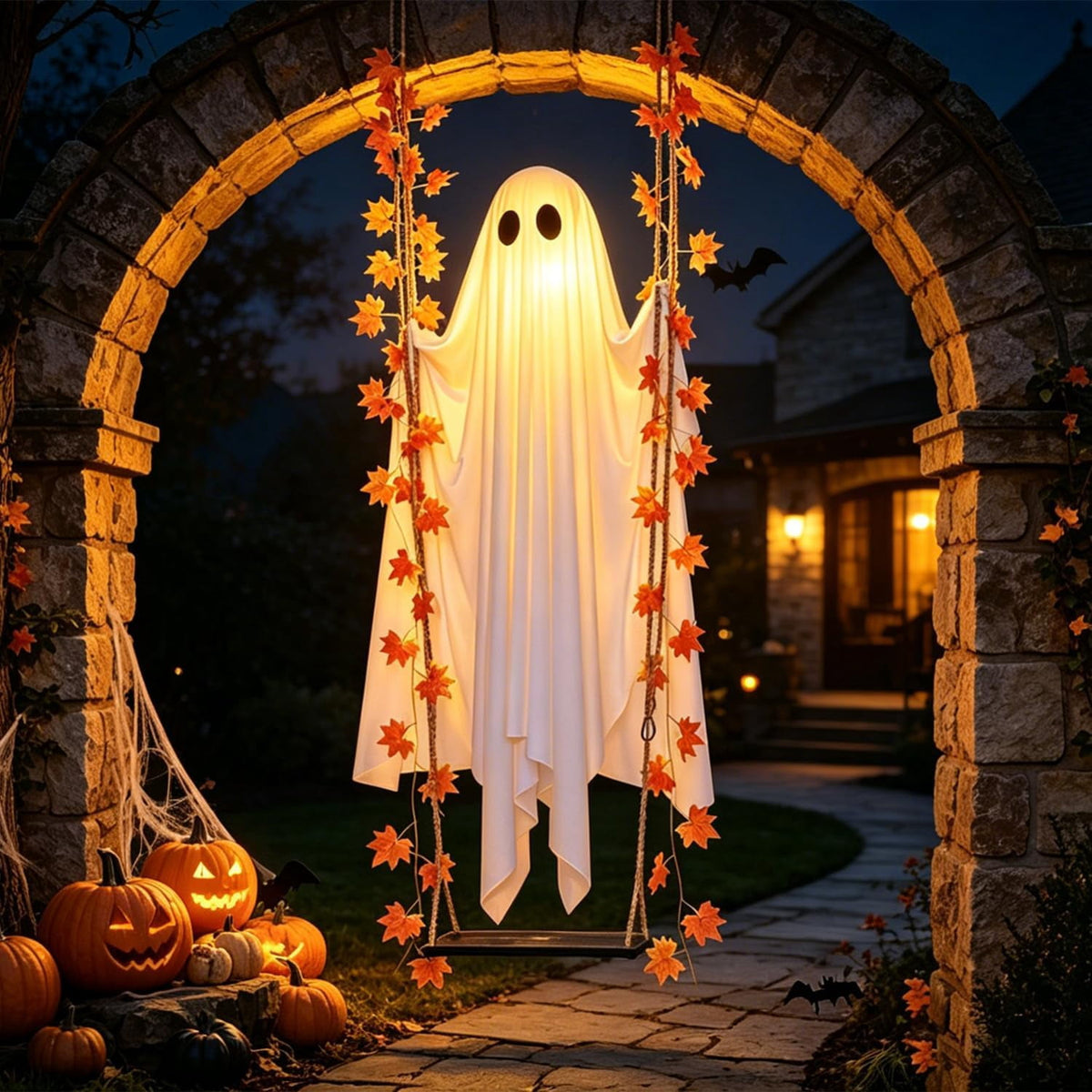 Haunt & Co Hanging Swing Ghost Halloween Ornament, 5FT Cute Spooky Ghost Decor, Outdoor Holiday Decoration for Yard Porch Tree, Ideal Halloween Gift for Family (lamp*1 remote control*1)