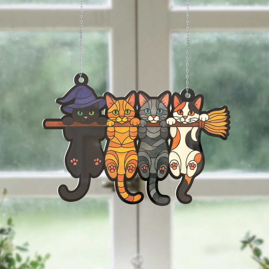 Haunt & Co Lotusprinthandmade Halloween Cat Witch Hat Broom Custom Shape Window Hanging Acrylic Ornament With Acrylic Charm