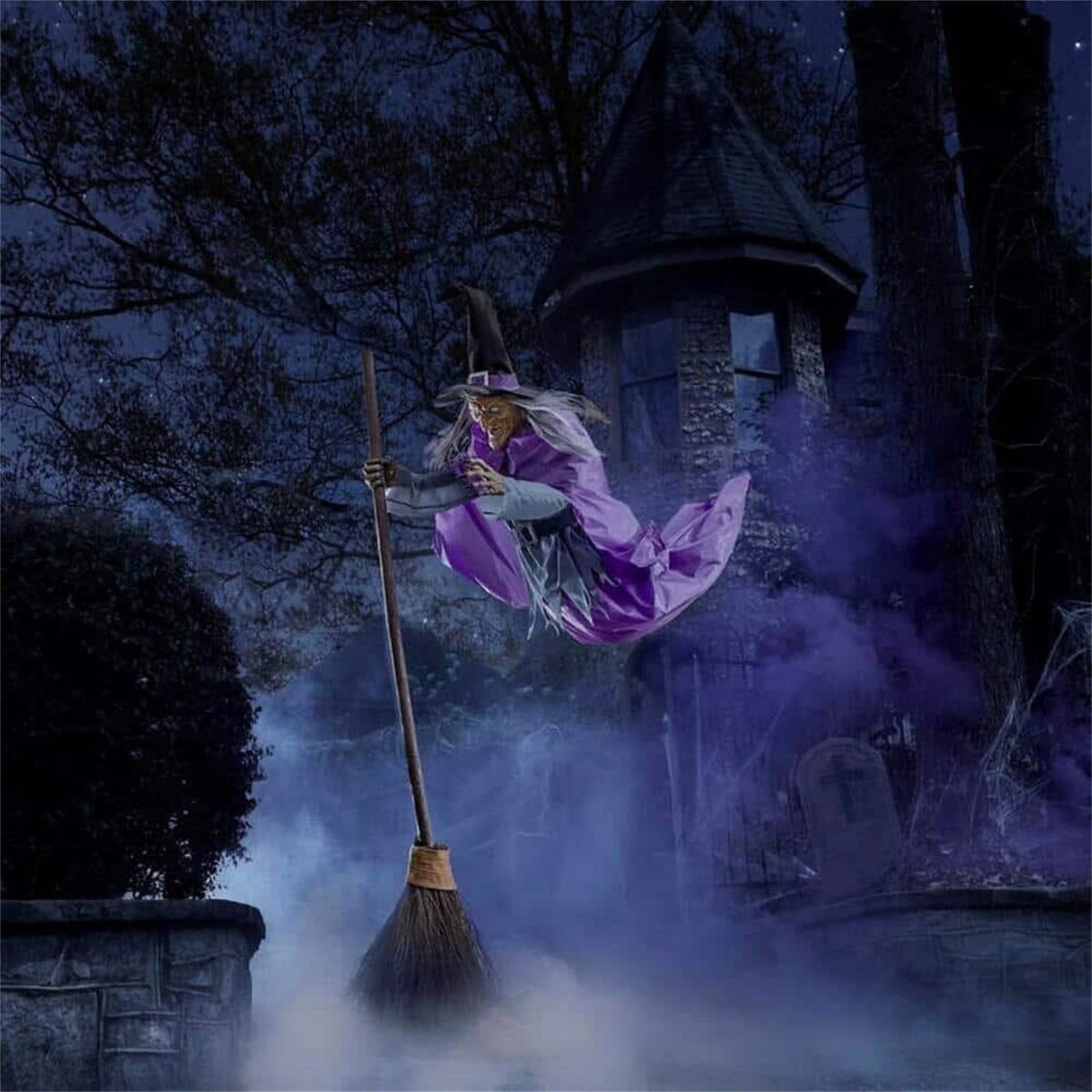 Haunt & Co Outdoor - 180cm Animated Hovering Witch Animatronics - Sound & Touch Activated Sensor - Scary Props House Decor