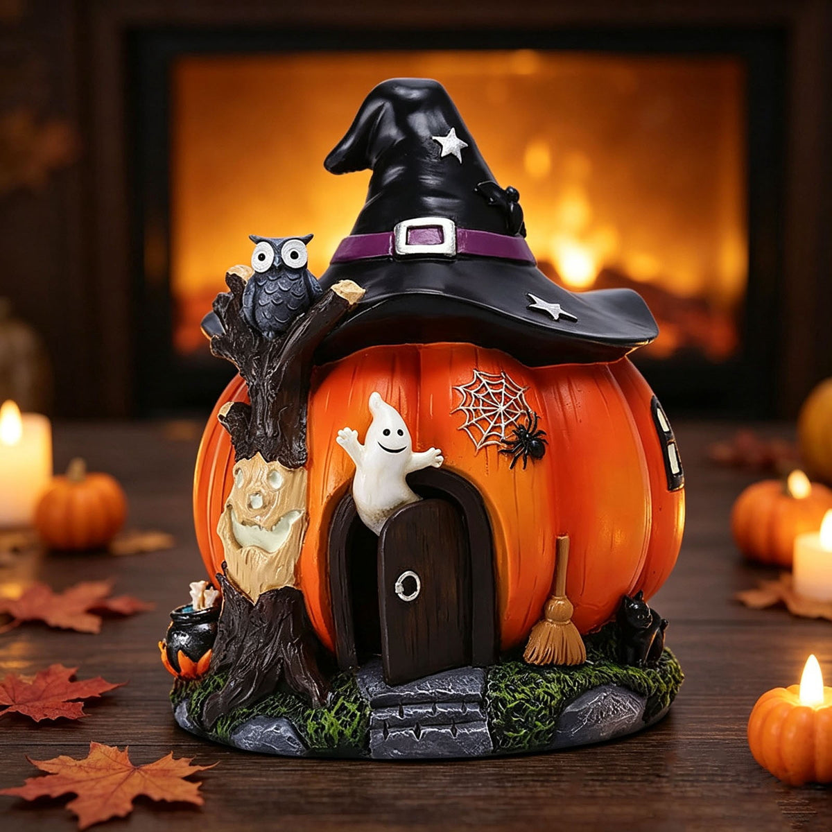 Haunt & Co Luminous Resin Witch Pumpkin House Figurine, Intricate Details Stable Resin Warm Built In Lighting, Festive Desktop Ornament, Craft for Living Room Porch Halloween Party Space