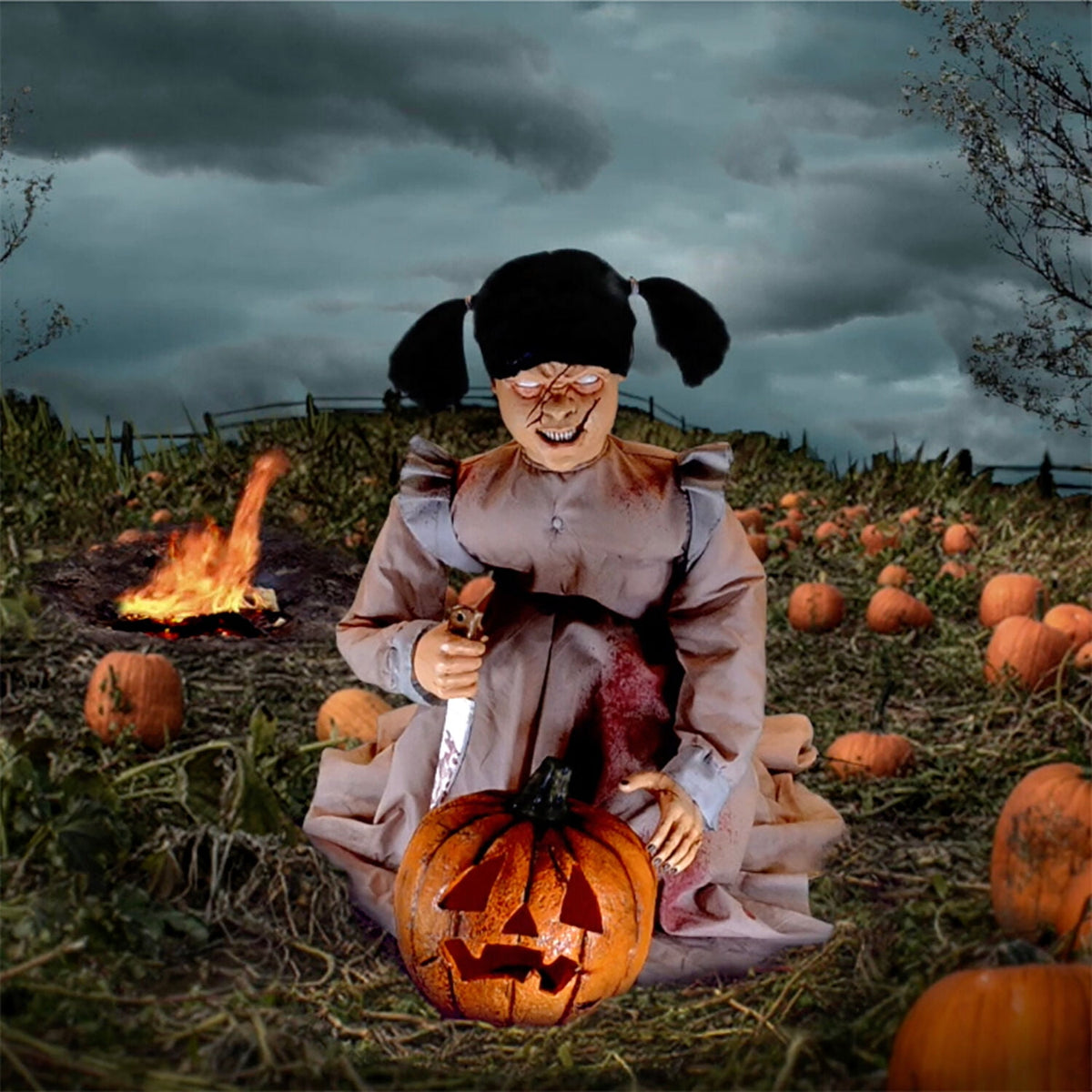 Haunt & Co Lunging Pumpkin Carver Zombie Girl with Jack O'Lantern by Tekky, 3.2 ft Premium Talking Halloween Animatronic