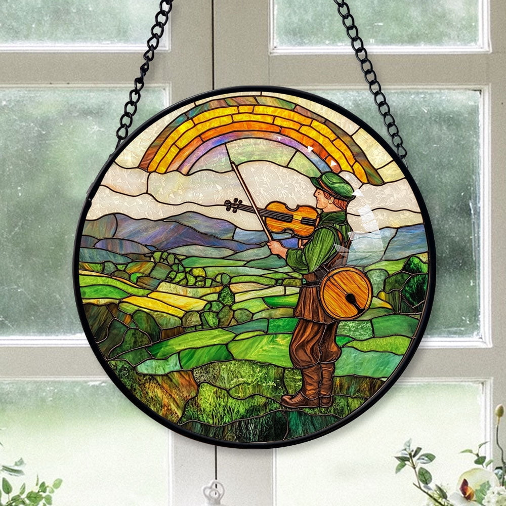 Haunt & Co Minimalist Christmas Gift - Harp Shamrocks Halloween Christmas Stained Glass Hanging Ornament - Holly & Pine Holiday Tree Decoration, Gift for Friends, Family, Mom & Dad