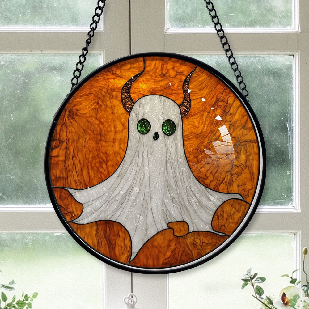 Haunt & Co Modern Christmas Gift - Halloween White Ghost Blue Tearss Spookys Stained Glass Hanging Ornament - Classic Christmas Tree Decoration, Holiday Gift for Dad, Mom, Friends, Family