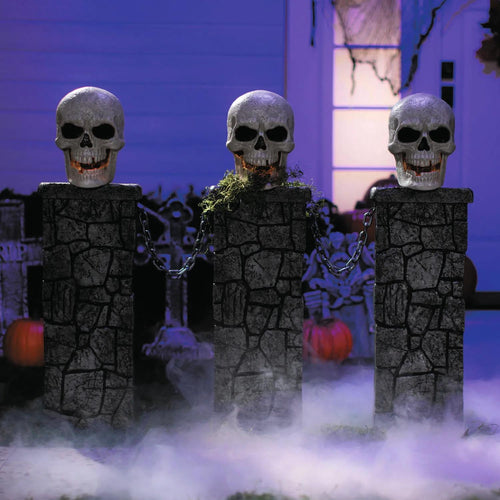 Haunt & Co 4 Ft. x 3 Ft. Light-Up Skull Pedestal Fence with Chains