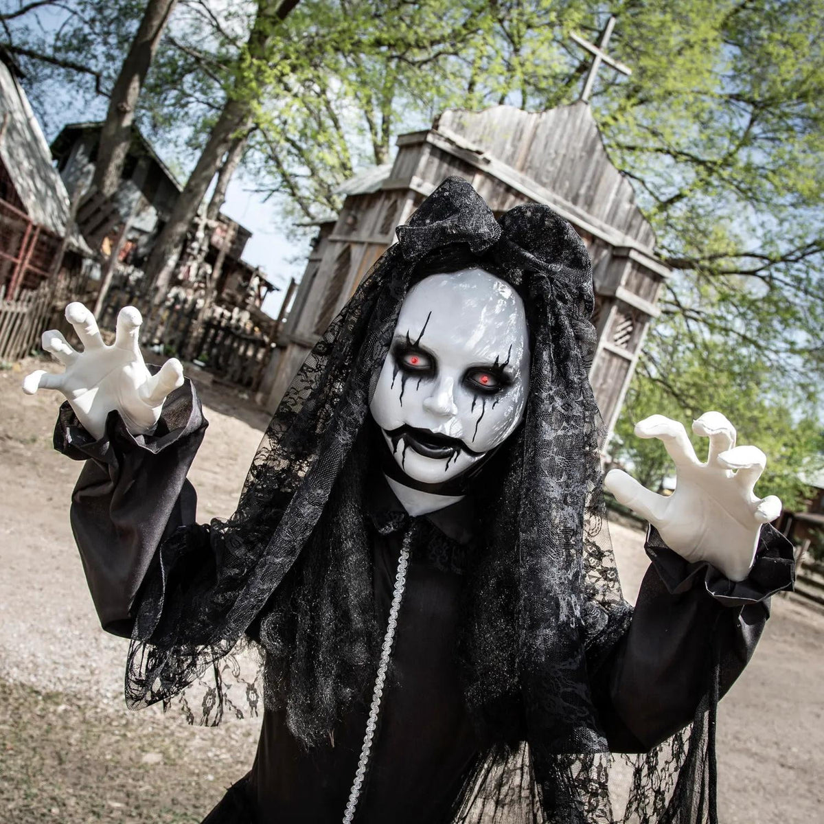 Haunt & Co 5 Ft. 6" Jaw-Dropping Scary Bride with Black Dress Standing
