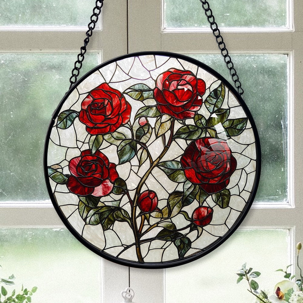 Haunt & Co Neighbor Christmas Gift - Valentine Rose Halloween Christmas Stained Glass Hanging Ornament - Red & Green Holiday Tree Decor, Gift for Friends, Family, Mom & Dad