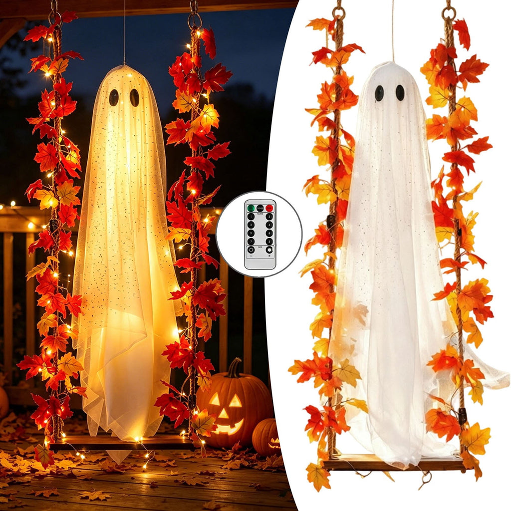 Haunt & Co Nnndbs Maple Leaf Mesh Ghost Hanging Ornament, Halloween Autumn Leaf Decor for Window Door Display, Spooky Fall Home Accent`