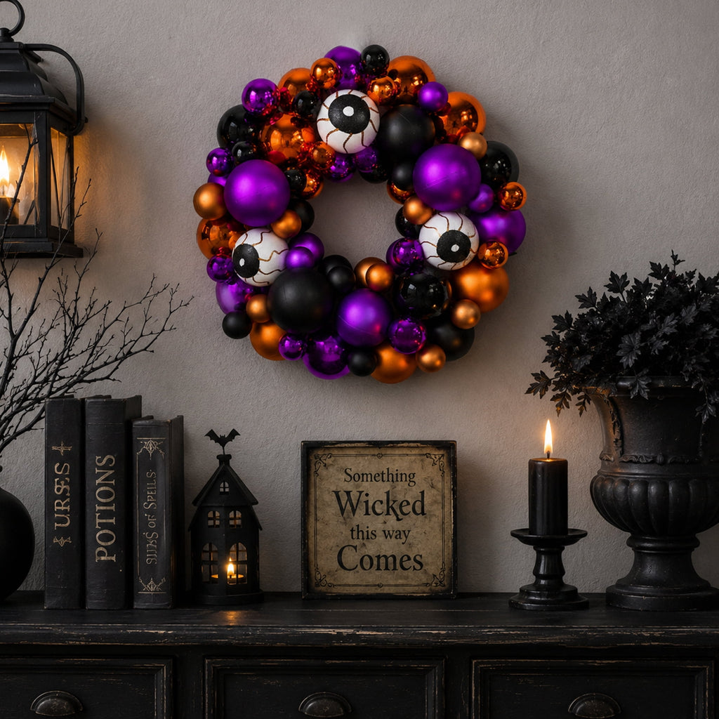 Haunt & Co Northlight Eyeballs and Shatterproof Ornaments Small Halloween Wreath - 13" - Purple and Black
