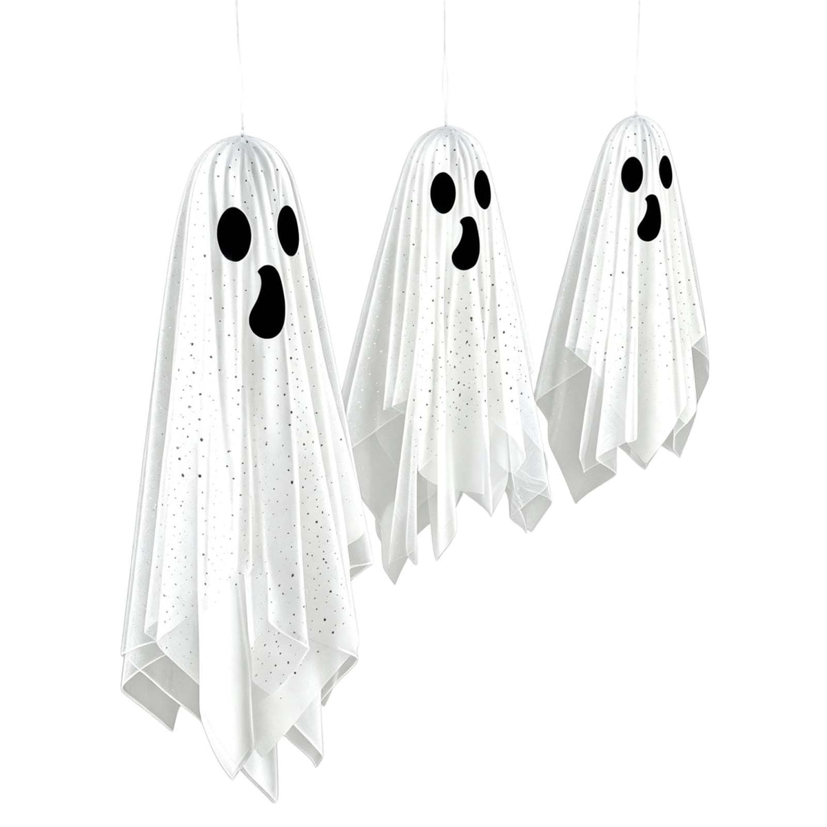 Haunt & Co OCCOA 3 Pack Hanging Ghost Decorations White Glitter Cloth Ghost Ornaments with Surprised Face for Halloween Indoor Outdoor Party Porch, White