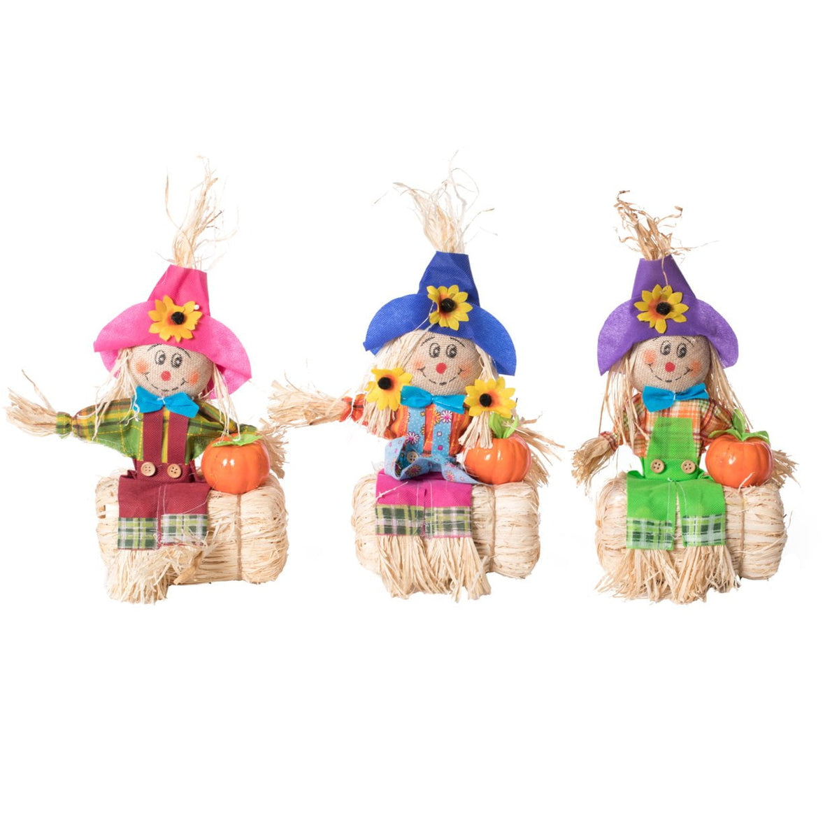 Haunt & Co Gardenised 12 Inch Sitting on Straw and Hay Bales Multicolor Trio Scarecrows for Halloween, Fall and All Time Season Garden Decor, Scatter them Around or Gather them Together for a Mesmerizing Display