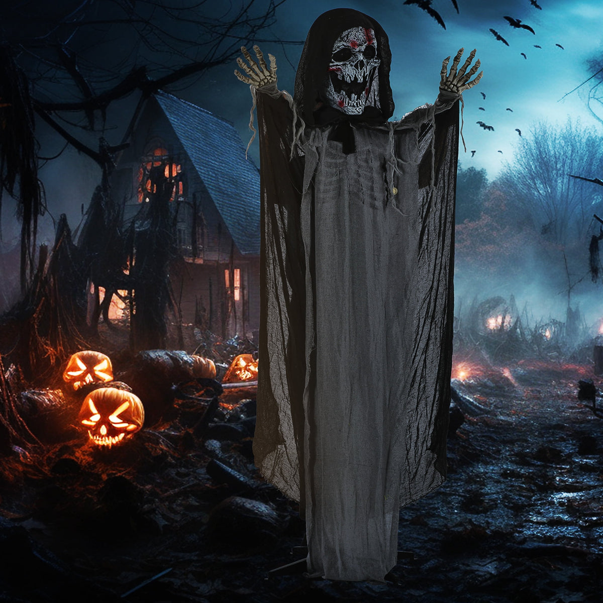 Haunt & Co Outsunny 74" Life Size Outdoor Skeleton Witch, Animated Prop Animatronic Decor with Sound and Motion Activated, Light Up Eyes and Chest, Howling and Chain Sound