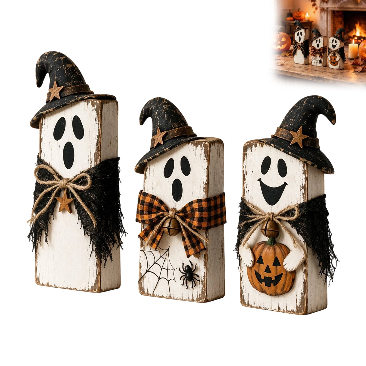 Haunt & Co PLLFRLRT Wooden Halloween Decorations Set Of 3 Fall Mantel Decor Ornaments Farmhouse Tabletop Signs with Witch Hat