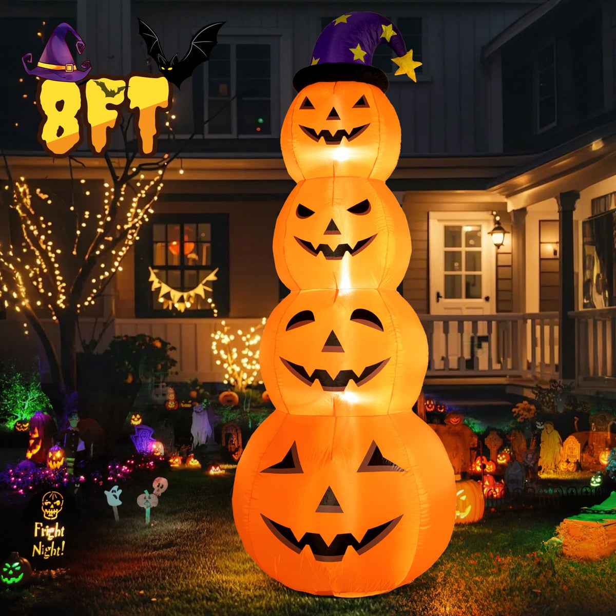Haunt & Co 8 ft Halloween Pumpkin Stack Inflatable Decoration with Witch Hat, Lighted
