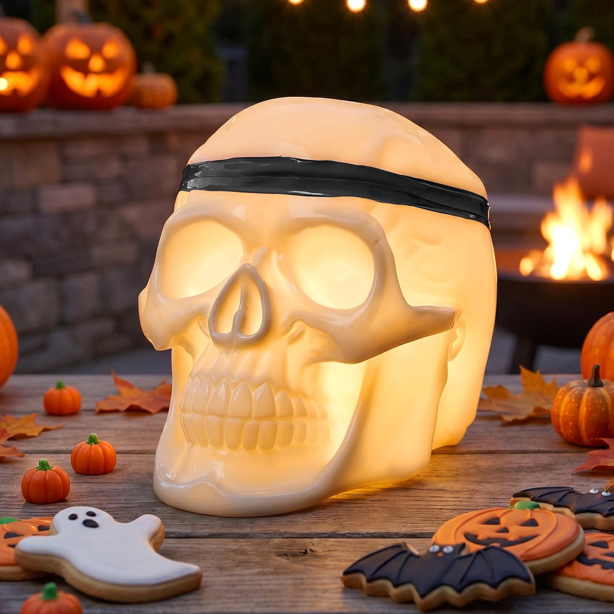Haunt & Co Postlucky 7.5" 8-Color Dimmable LED Skull Light, Halloween Outdoor Skeleton Decor Lamp, 3 AA Battery Powered, Black Strip Accessory