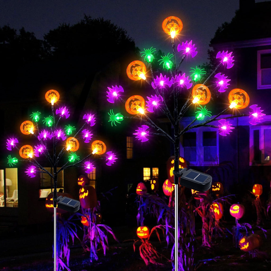 Haunt & Co 2 packs 40 LED Solar Halloween Lights, 2 Modes Halloween Bats Spiders Pumpkin Lights