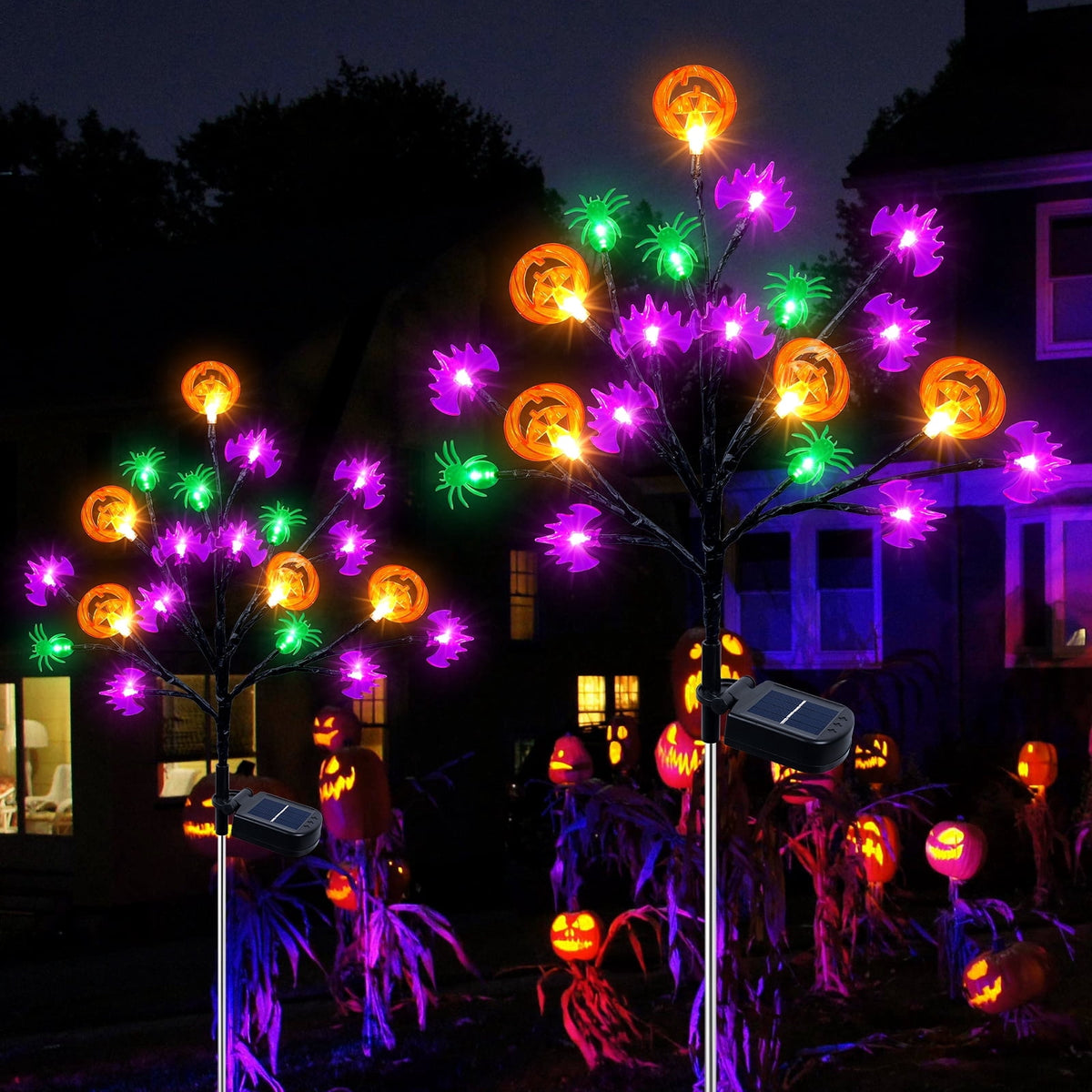 Haunt & Co 2 packs 40 LED Solar Halloween Lights, 2 Modes Halloween Bats Spiders Pumpkin Lights