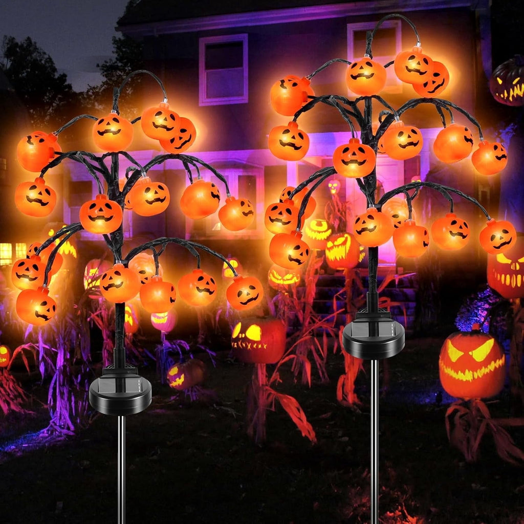 Haunt & Co 2 packs 40 LEDs Solar Halloween Pumpkin Stake Lights, 2 Modes Outdoor Waterproof , Solar Halloween Lights Stakes