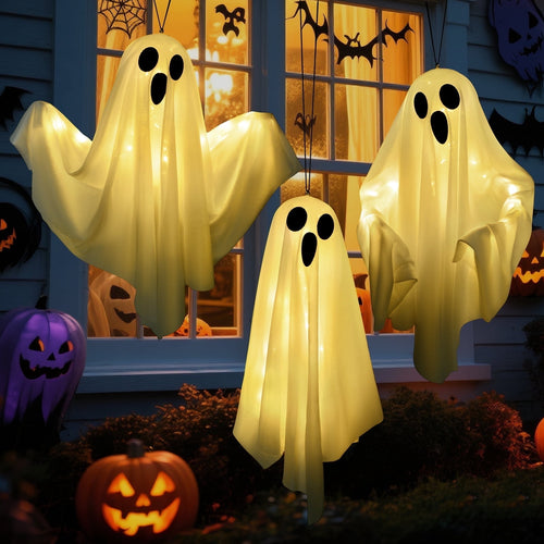 Haunt & Co 3 pack Hanging Ghosts , 20 inch LED Glowing Ghost Outdoor Lights