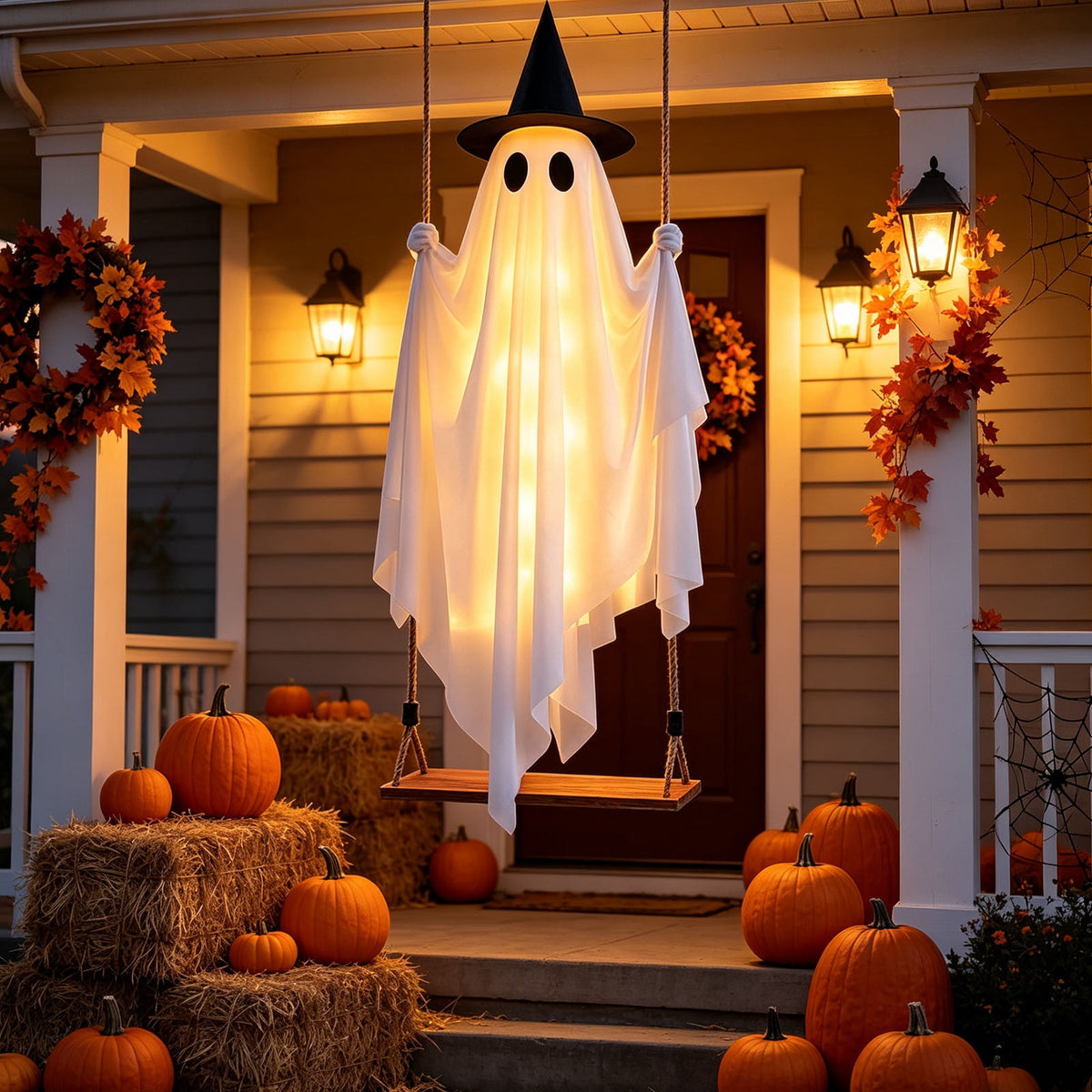 Haunt & Co Qwtwty Halloween Hanging Swinging Ghost Decor, Large Flying Ghost Halloween Ornaments with Witch Hat for Front Yard Patio Lawn Garden Party Decor