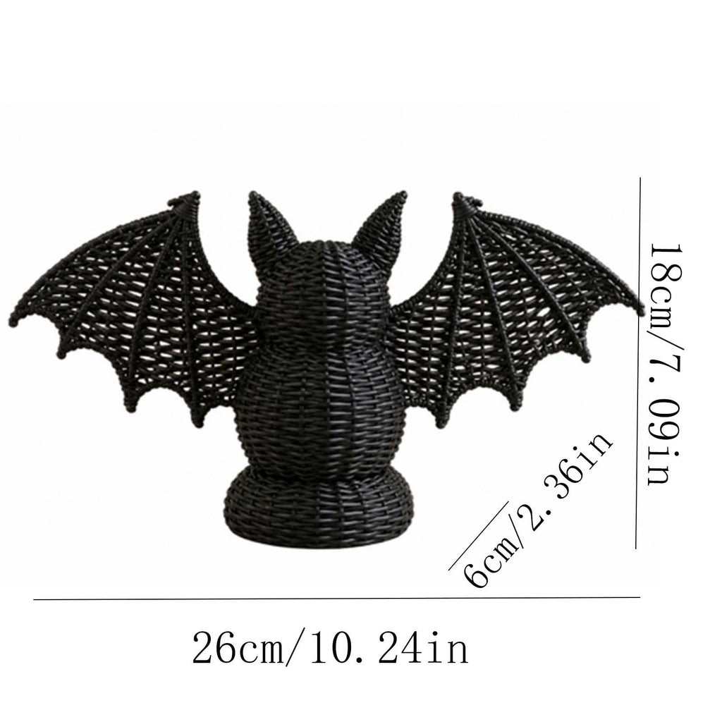 Haunt & Co SHJHENG Woven Bat Figurine â?? Black Rattan Style Halloween Decoration, Spooky Desktop Ornament for Home, Mantel, and Party Display, 7.09 Inch Tall