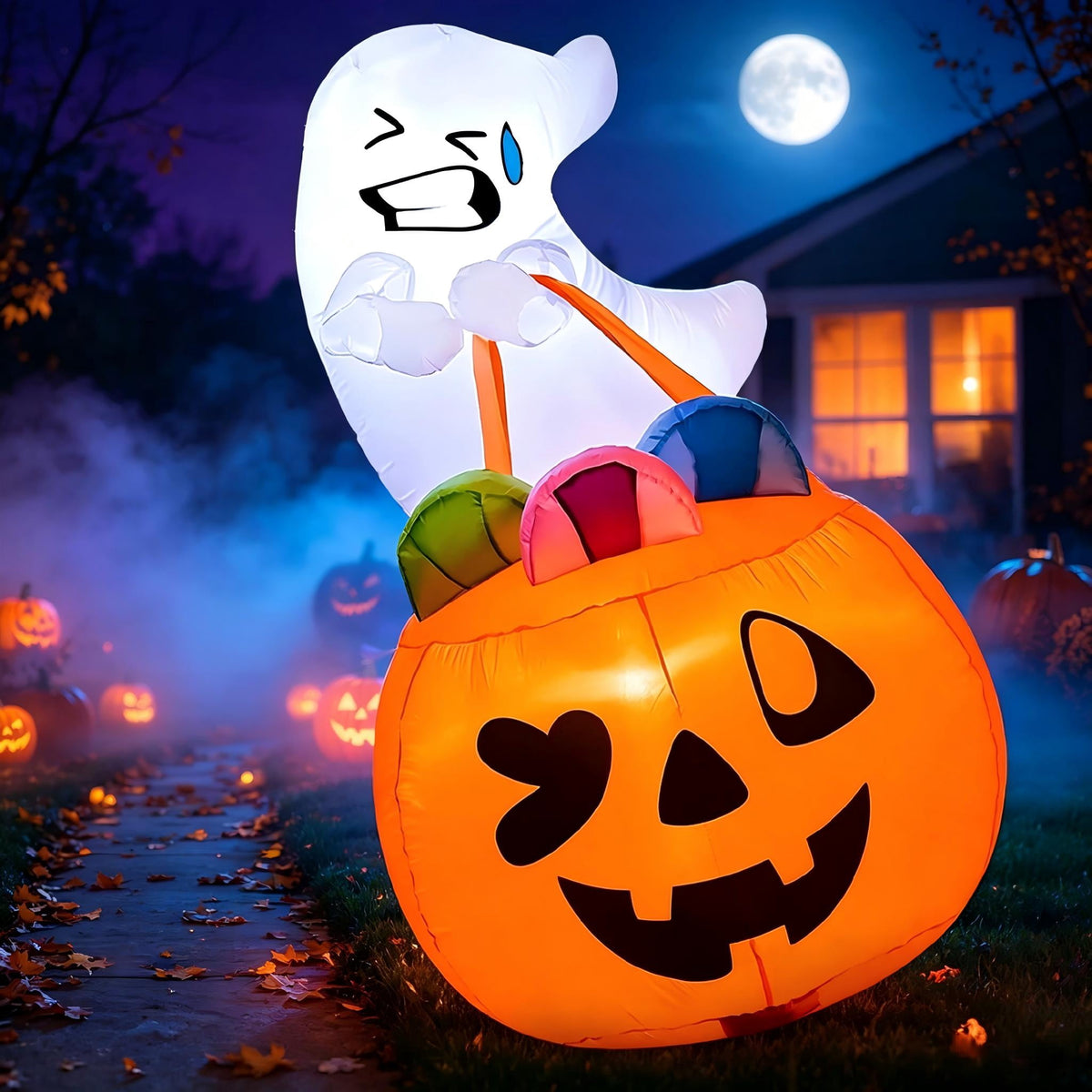 Haunt & Co 5ft Halloween Inflatables Light up Cute Ghost,Blow Up Ghost Lift Pumpkin Candy Bag with Build-in LEDs