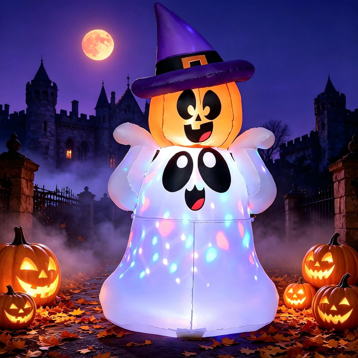 Haunt & Co 5Ft Halloween Inflatable Pumpkin Ghost with Colorful LED Lights,Halloween Blow Up Cute Decor