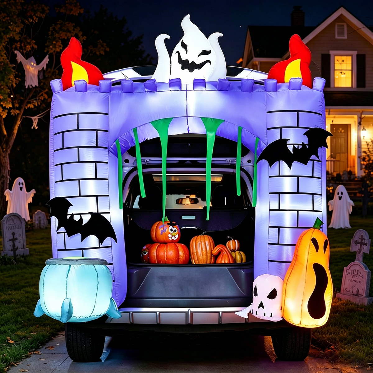 Haunt & Co 6 FT Halloween Inflatable Haunted Castle Decoration,Trunk or Treat Car Decorations Kit Ghost and Pumpkin with Built-in LED Light