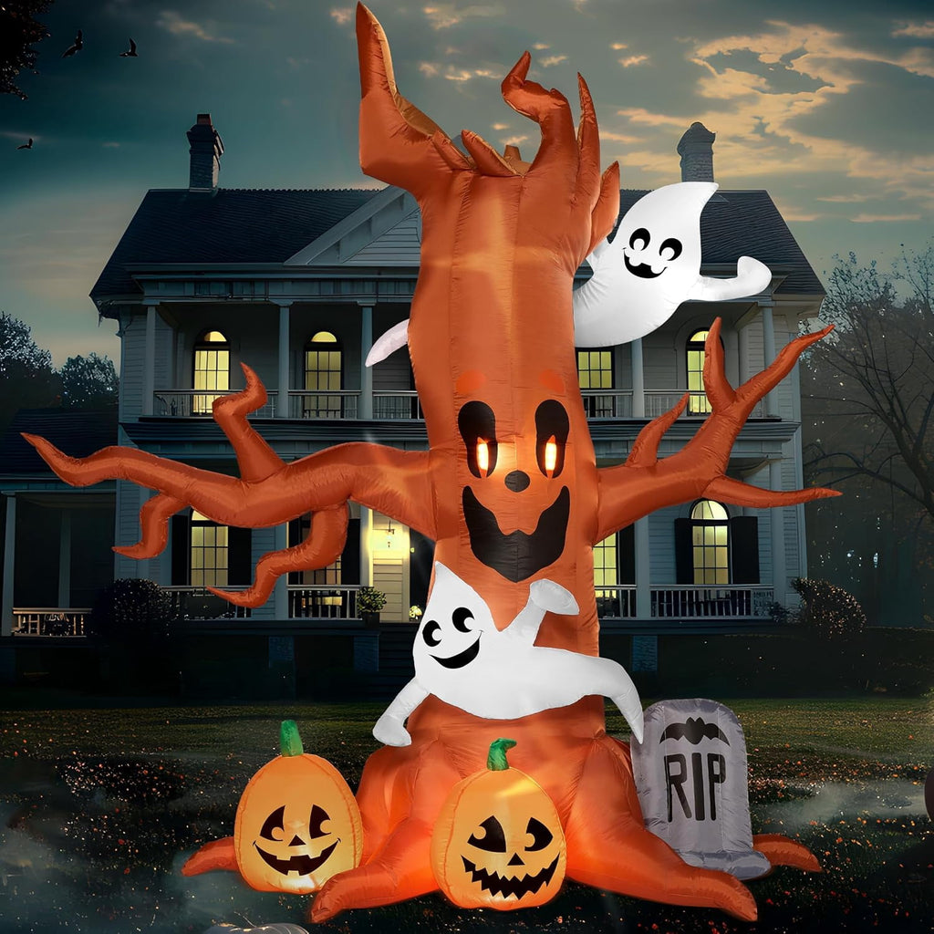 Haunt & Co 8 FT Halloween Inflatables Spooky Tree with Ghost,Pumpkin & Tombstone Tree Blow Up Decor with Built-in LED Lights