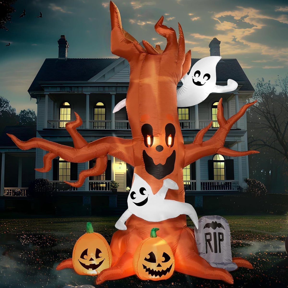 Haunt & Co 8 FT Halloween Inflatables Spooky Tree with Ghost,Pumpkin & Tombstone Tree Blow Up Decor with Built-in LED Lights