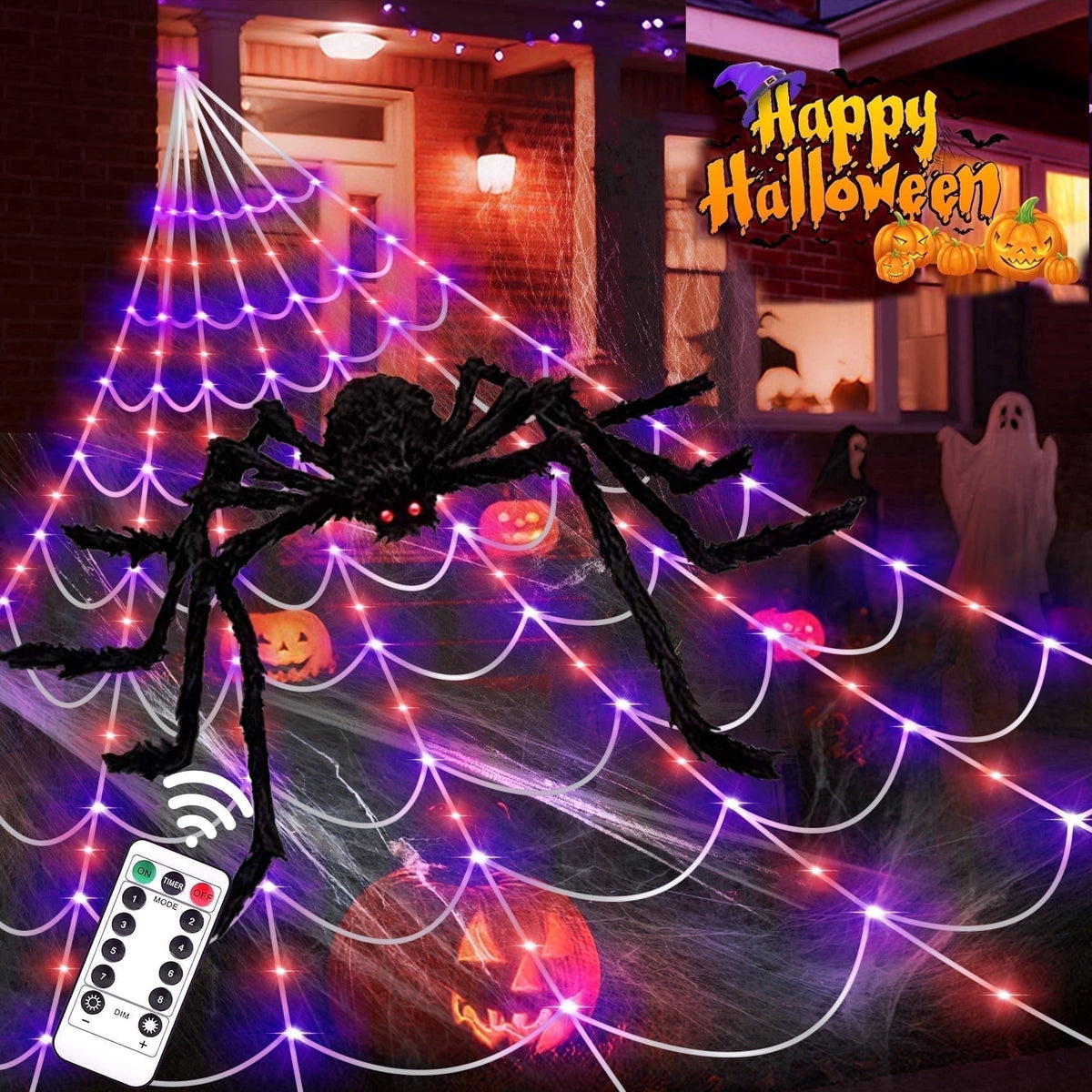Haunt & Co Scidweet Outdoor, 350 LED Halloween Spider Web Lights with 79" Giant Spider for Home Garden Yard Decor