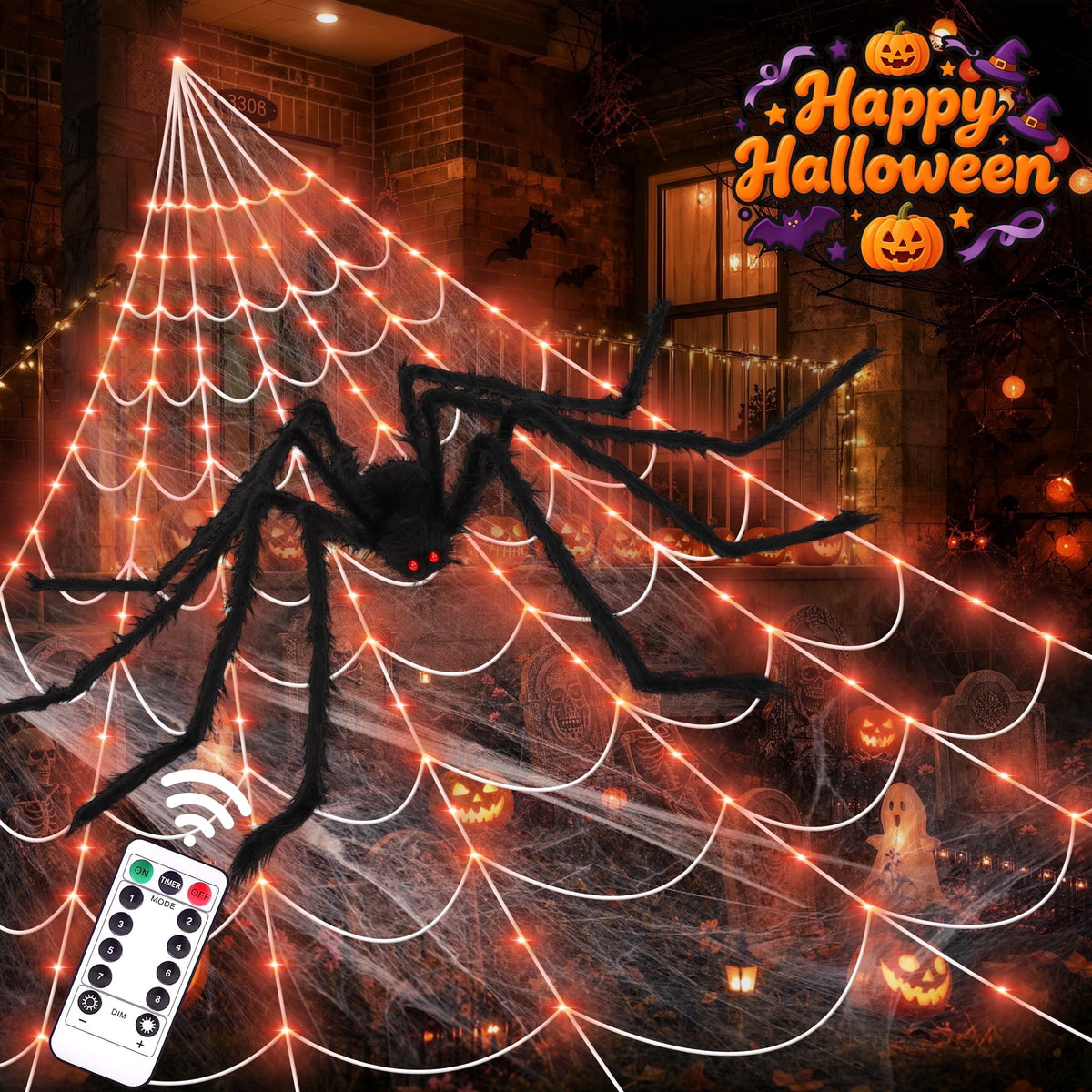 Haunt & Co Scidweet Outdoor, 350 LED Halloween Spider Web Lights with 79" Large Spider for Outside Garden Yard Home Decor, Orange