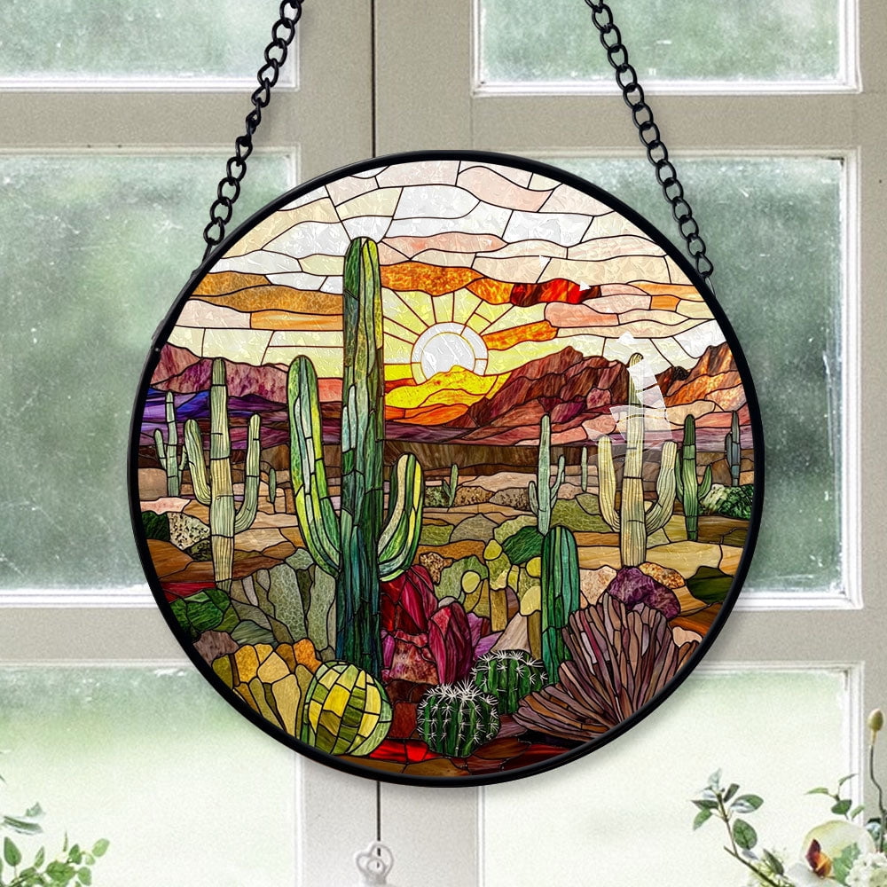 Haunt & Co Seasonal Christmas Gift - Cactus Halloween Christmas Stained Glass Hanging Ornament - Holly & Pine Holiday Tree Decoration, Gift for Friends, Family, Mom & Dad