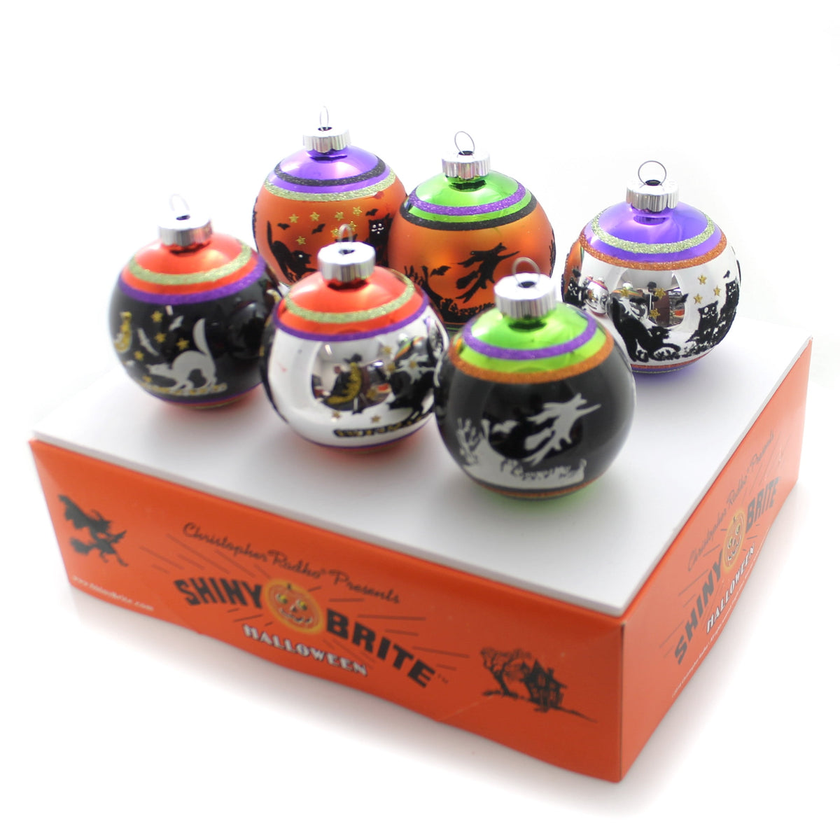 Haunt & Co Shiny Brite 3.25 Halloween Flocked Rounds Ornament Signature Cats Witch 4026976