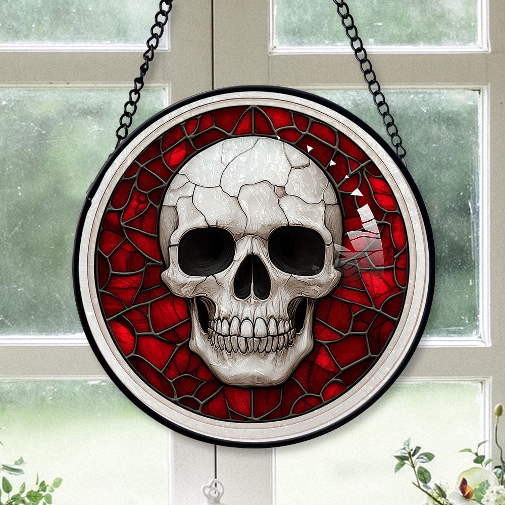 Haunt & Co Small Business Christmas Gift - Halloween White Skeleton Skull Spooky Reds Stained Glass Hanging Ornament - Merry Christmas Tree Decor, Thoughtful Holiday Gift for Mom, Dad, Friends, Family