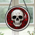 Haunt & Co Small Business Christmas Gift - Halloween White Skeleton Skull Spooky Reds Stained Glass Hanging Ornament - Merry Christmas Tree Decor, Thoughtful Holiday Gift for Mom, Dad, Friends, Family