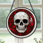 Haunt & Co Small Business Christmas Gift - Halloween White Skeleton Skull Spooky Reds Stained Glass Hanging Ornament - Merry Christmas Tree Decor, Thoughtful Holiday Gift for Mom, Dad, Friends, Family