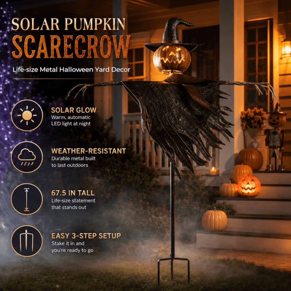 Haunt & Co Solar Lighted Pumpkin Scarecrow Sentinel, Handâ??Painted Metal Lightâ??Up Jackâ??oâ??Lantern Ornament, Solar Powered Yard Art, Spooky Decor for Halloween Party, Garden and Backyard