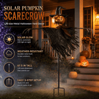 Haunt & Co Solar Lighted Pumpkin Scarecrow Sentinel, Handâ??Painted Metal Lightâ??Up Jackâ??oâ??Lantern Ornament, Solar Powered Yard Art, Spooky Decor for Halloween Party, Garden and Backyard